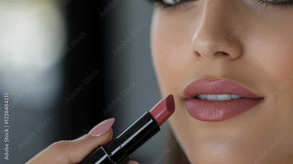 Close-up of a woman applying lipstick with an elegant expression. Close-up of a woman applying lipstick with an elegant expression.