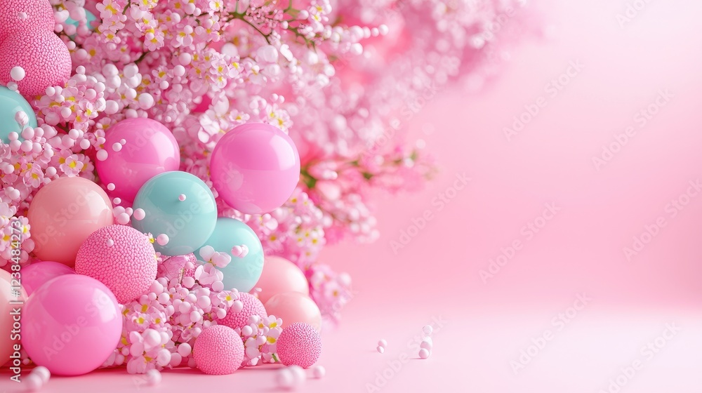 Pink floral background with pastel balls; spring design Pink floral background with pastel balls; spring design