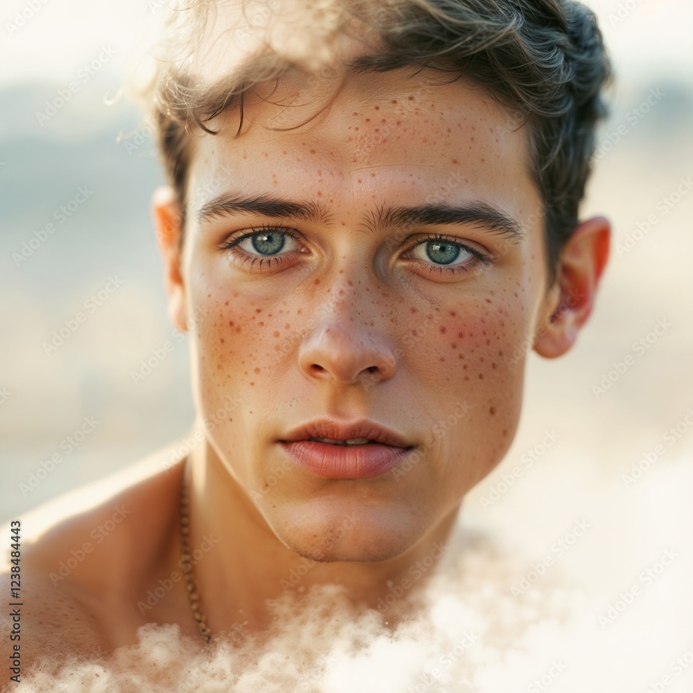 Ethereal close-up portrait of a beautiful young man with flawless, radiant skin, soft glowing highlights, delicate freckles, deep soulful eyes, and a serene expression, captured in golden-hour Ethereal close-up portrait of a beautiful young man with flawless, radiant skin, soft glowing highlights, delicate freckles, deep soulful eyes, and a serene expression, captured in golden-hour