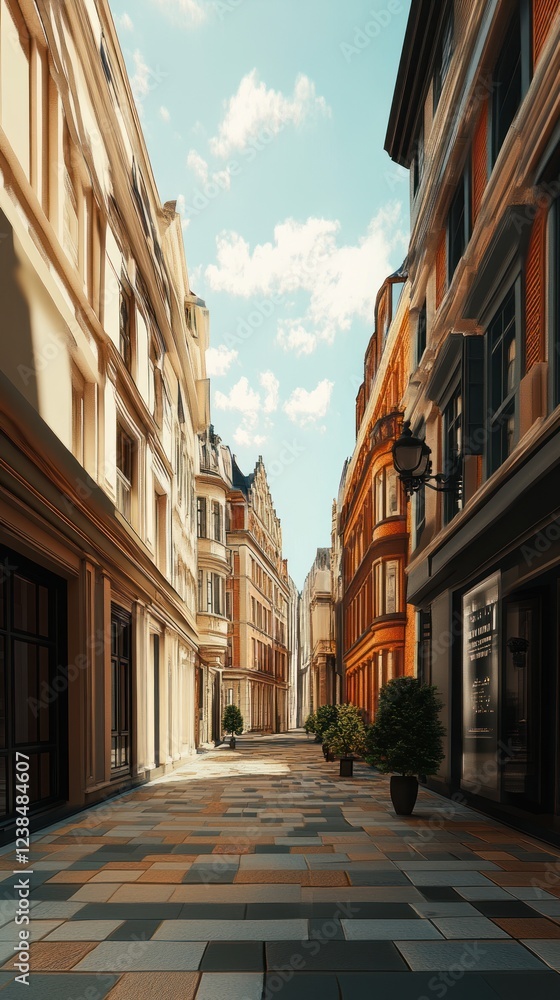 Fototapeta premium Sunlit European Street Scene with Elegant Buildings