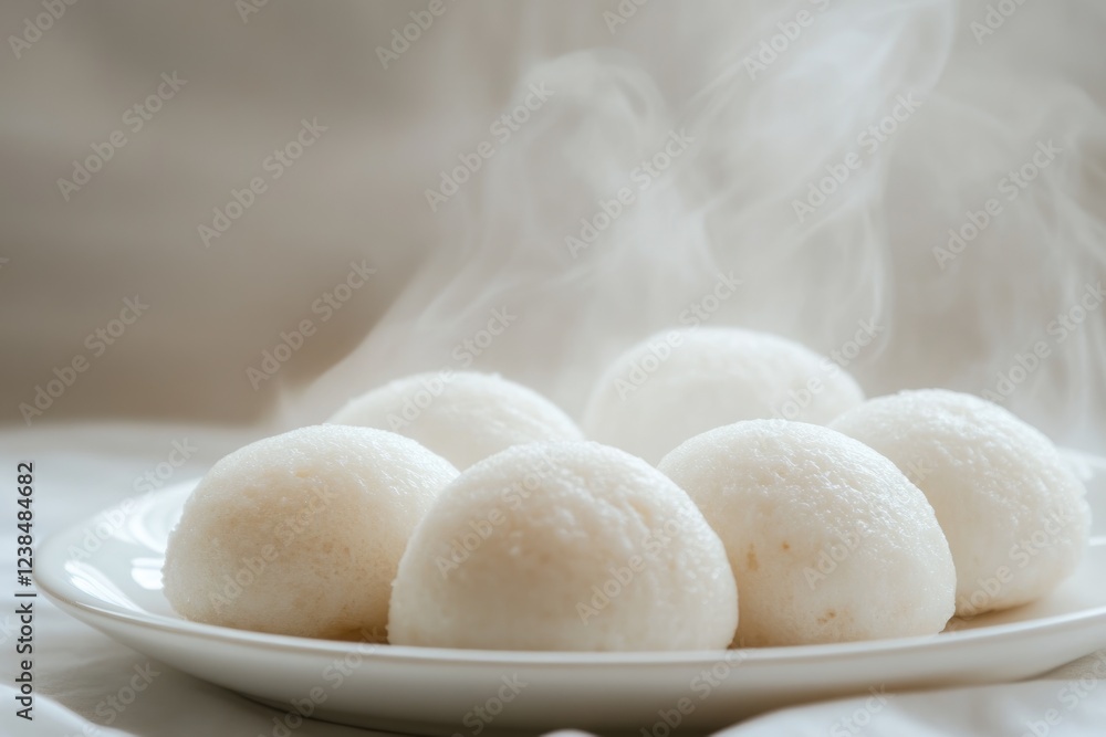 Steaming hot, fluffy white buns on a plate, freshly made and delicious. Steaming hot, fluffy white buns on a plate, freshly made and delicious.