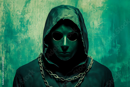 A shadowy hooded figure wearing a dark mask and chains, set against a textured green background, creating a mysterious and eerie atmosphere