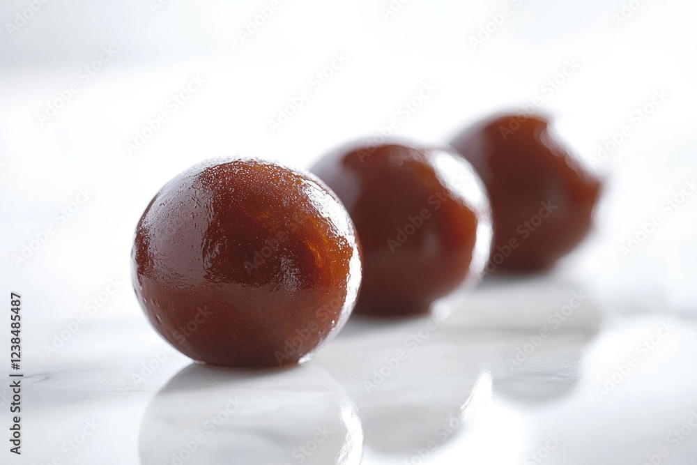 Obraz premium Three glistening gulab jamuns, Indian milk-solids sweets, rest on a marble surface.