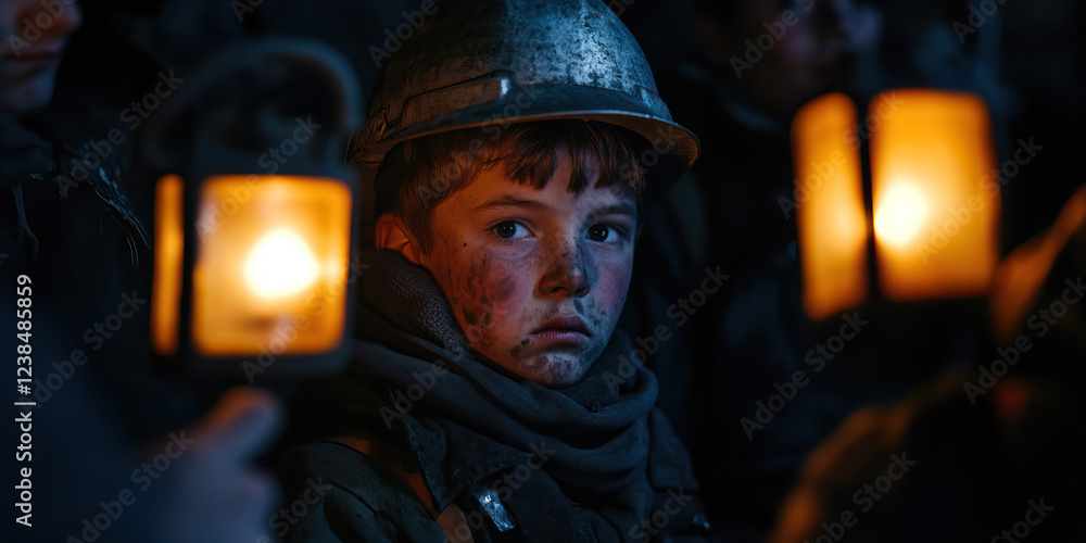 Obraz premium Portrait of a Young Coal Miner with Lanterns
