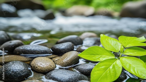 Wallpaper Mural Riverside scenes nature concept. Serene water flow over smooth stones with vibrant green leaves along the riverbank. Torontodigital.ca