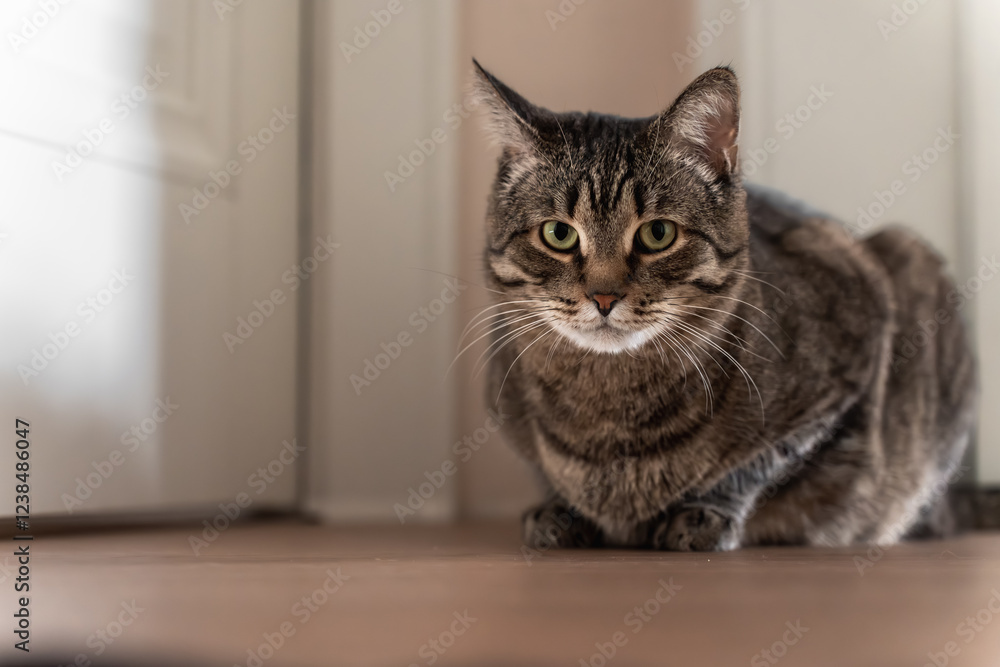 A close-up of a tabby cat with green eyes, lying on the floor in a cozy indoor environment. The soft lighting and shallow depth of field emphasize the cat's calm and curious demeanor. A close-up of a tabby cat with green eyes, lying on the floor in a cozy indoor environment. The soft lighting and shallow depth of field emphasize the cat's calm and curious demeanor.