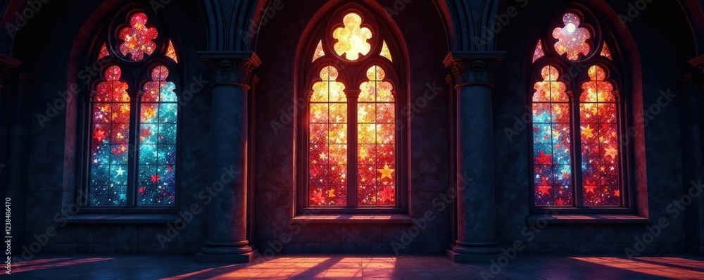 Obraz premium The moon casts shadows on the chapel windows with glowing stained glass panes, ambiance, chapel, shadows