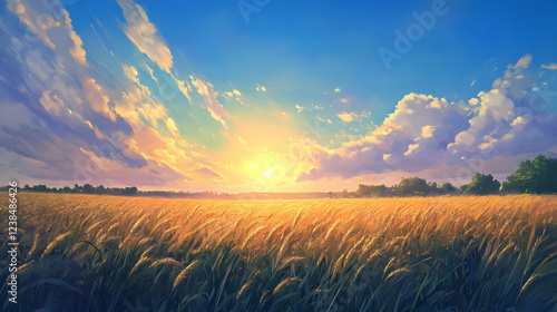 Cornfield and sunrise with blue sky