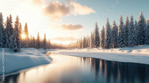 Wallpaper Mural Riverside scenes nature concept. A serene winter landscape featuring snow-covered trees and a reflective river. Torontodigital.ca