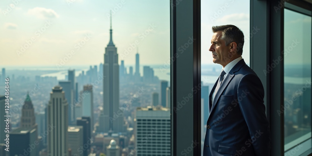 Corporate Executive Looking Out of High-Rise Office Window with City Skyline Reflection Corporate Executive Looking Out of High-Rise Office Window with City Skyline Reflection