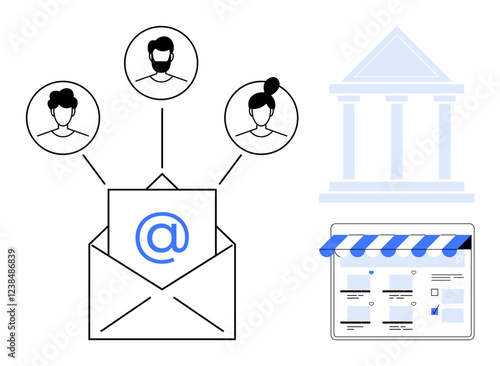 Envelope with at sign connecting to three team members in circles, alongside building and storefront. Ideal for team collaboration, online communication, email marketing, business networking, remote