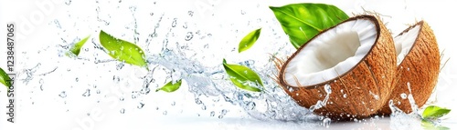 Refreshing Coconut in Water Splash with Green Leaves