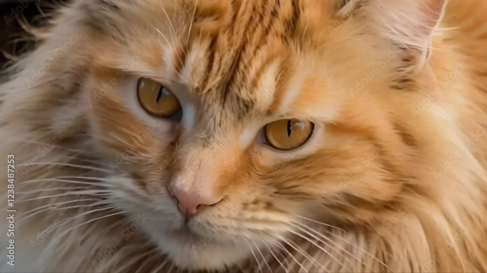 Close-up of a Majestic Ginger Tabby Cat with Intense Gaze, Golden Eyes, Fluffy Mane, Detailed Fur Texture Close-up of a Majestic Ginger Tabby Cat with Intense Gaze, Golden Eyes, Fluffy Mane, Detailed Fur Texture