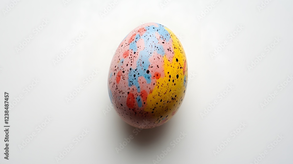 A colorful, speckled egg against a white background. A festive, spring decoration. A colorful, speckled egg against a white background. A festive, spring decoration.