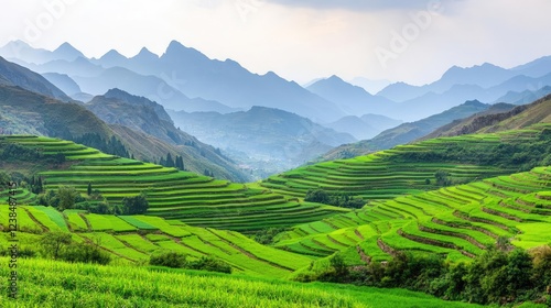 Mountains landscape nature idea. Breathtaking rice terraces with lush greenery under a cloudy sky in the mountains.