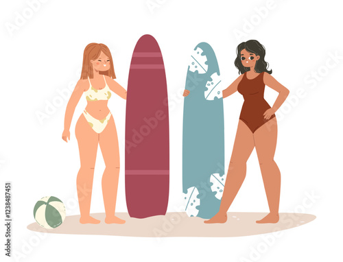 Beach girls with surfboards. Happy young women in swimsuits and bikini stand on sand. Summer teens vacation camp on ocean. Sea activities, vector characters