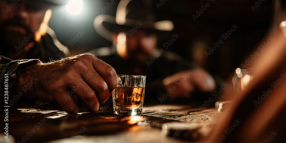 Man Holding Whiskey Glass at Wooden Table Man Holding Whiskey Glass at Wooden Table