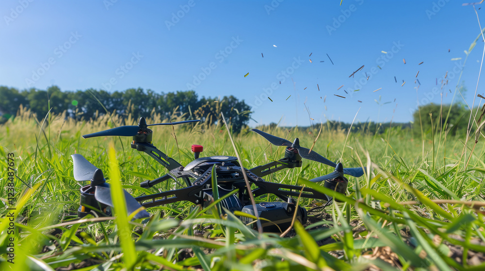Damaged Drone in Grass Field After Accident, Focus on Wreckage with Blurred Background Damaged Drone in Grass Field After Accident, Focus on Wreckage with Blurred Background