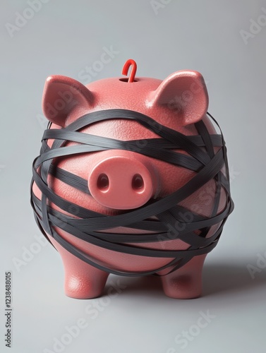 Piggy bank wrapped in rubber bands symbolizing financial constraints, savings or budget management difficulties. photo