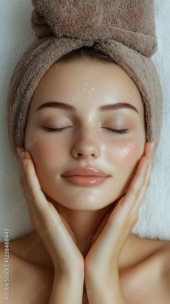 Serene woman with glowing skin after a facial treatment. Serene woman with glowing skin after a facial treatment.
