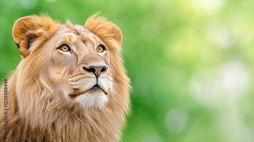 Majestic lion gazing upward, green bokeh background Majestic lion gazing upward, green bokeh background