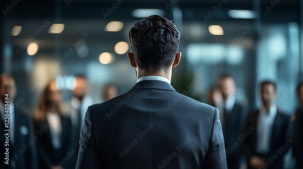 Fototapeta premium A businessman stands facing a crowd of co-workers in an office setting, exuding leadership and focus
