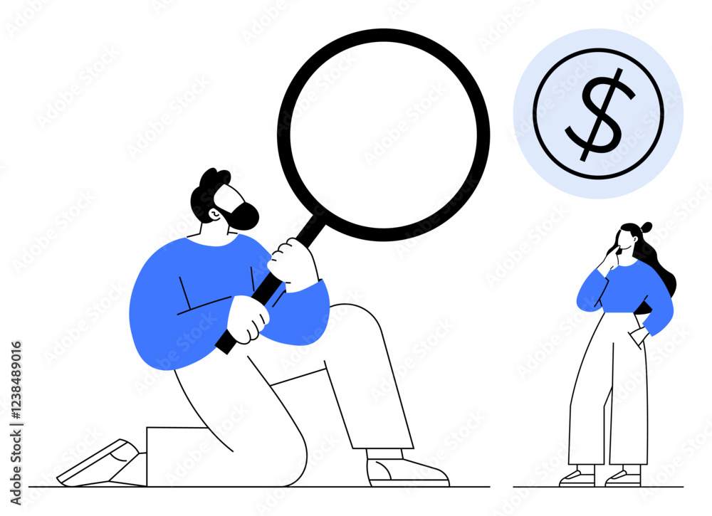 Man kneeling with a magnifying glass, closely examining a dollar sign, while a woman stands thoughtfully nearby. Ideal for finance analysis, money management, budgeting, savings, investment strategy Man kneeling with a magnifying glass, closely examining a dollar sign, while a woman stands thoughtfully nearby. Ideal for finance analysis, money management, budgeting, savings, investment strategy