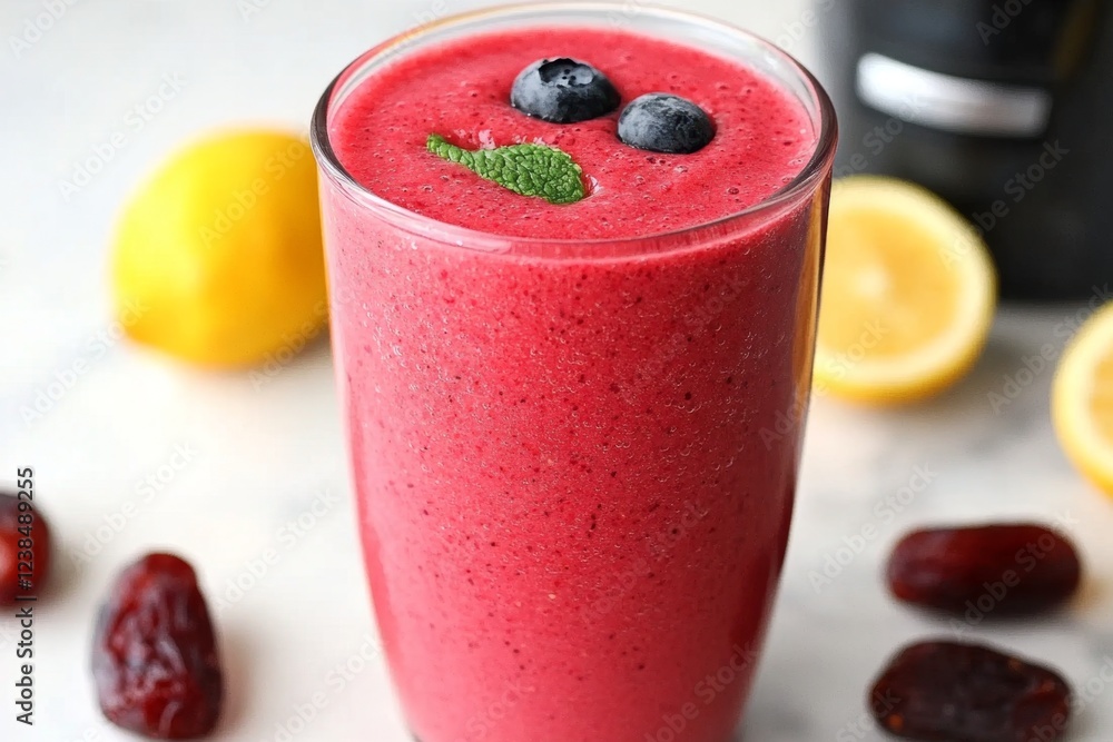 A mother swapping out sugar with dates in a blender while making a healthy smoothie for her children A mother swapping out sugar with dates in a blender while making a healthy smoothie for her children