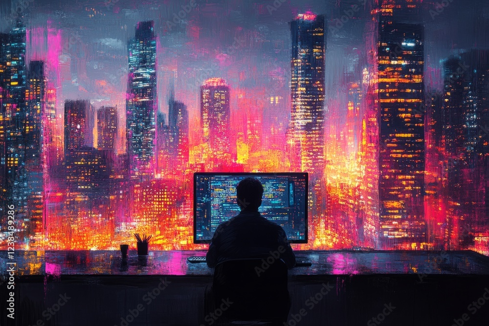 A Person Sits At A Desk In Front Of A Computer, Overlooking A Vibrant, Futuristic Cityscape At Night. A Person Sits At A Desk In Front Of A Computer, Overlooking A Vibrant, Futuristic Cityscape At Night.
