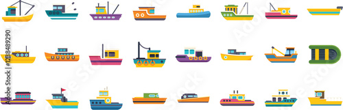 Colorful icons depicting various fishing boats and tugboats, showcasing different types of vessels used for fishing and maritime operations