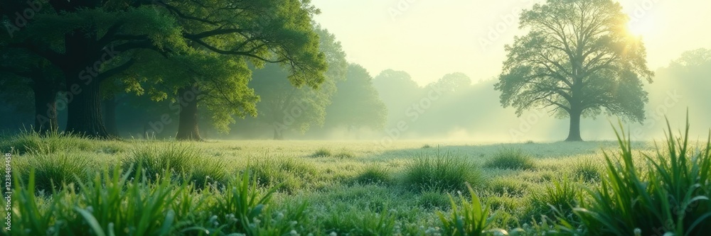 A frosty morning with dew-kissed grass and trees, calm, green, dew A frosty morning with dew-kissed grass and trees, calm, green, dew