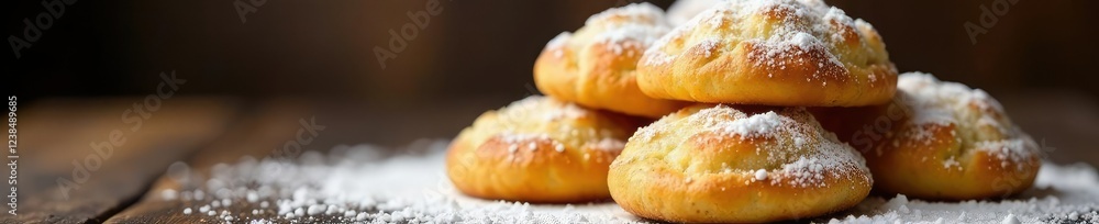 A stack of golden brown pastries wrapped in powdery white sugar, buttery, baking A stack of golden brown pastries wrapped in powdery white sugar, buttery, baking