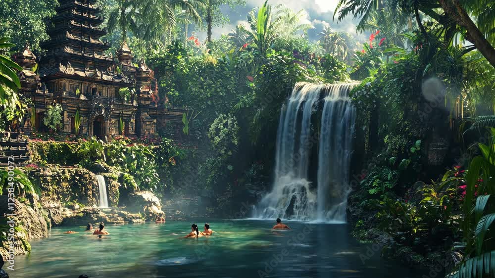 Ancient temple beside a majestic waterfall in a lush jungle with people swimming in the clear water Ancient temple beside a majestic waterfall in a lush jungle with people swimming in the clear water
