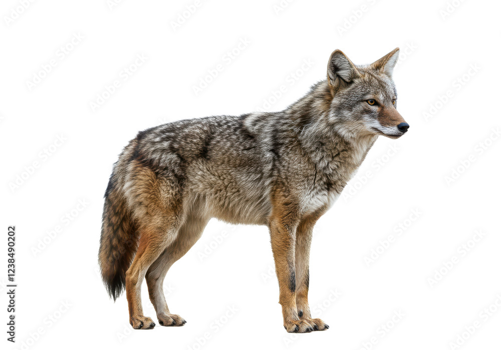 Obraz premium A lone coyote Canis latrans isolated on white background, no depth of field, sharp.