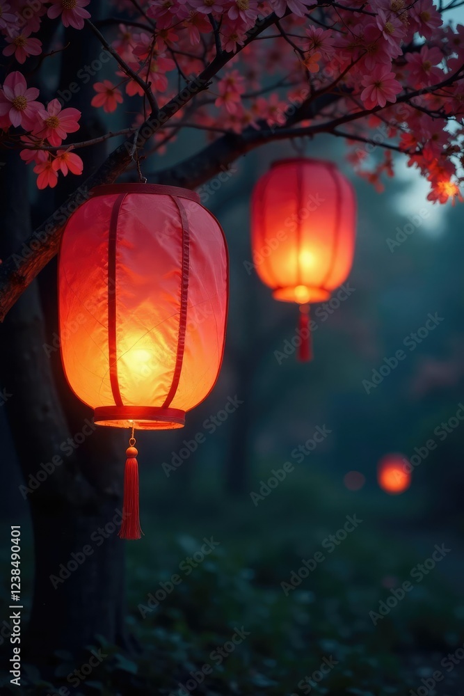 Delicate lanterns glow softly in the fading light, tree, glow Delicate lanterns glow softly in the fading light, tree, glow