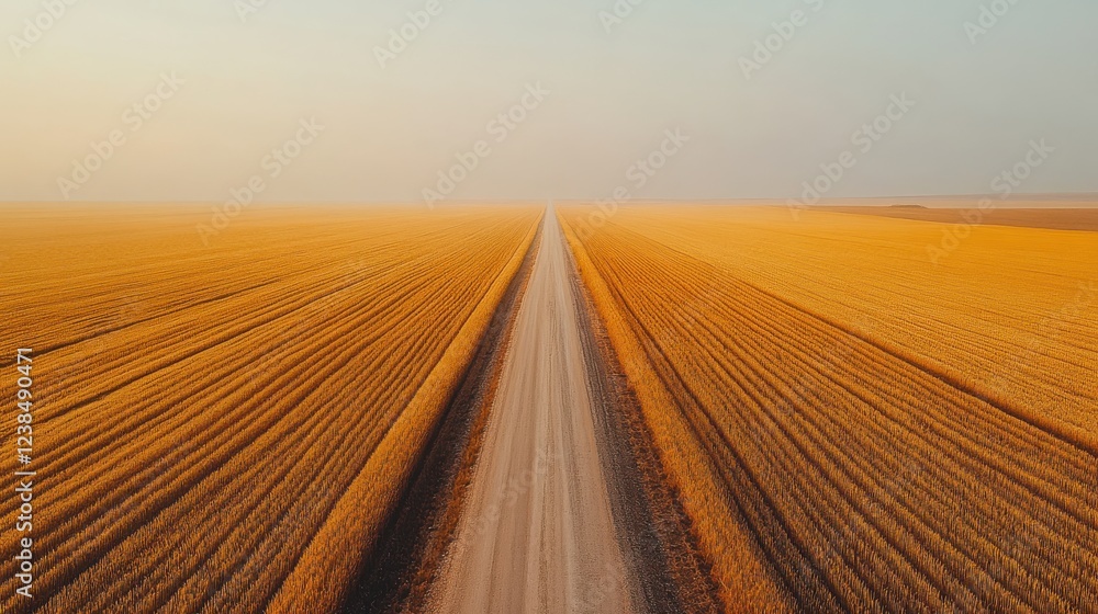 Naklejka premium Endless road through golden wheat field at sunrise capturing rural tranquility and vastness