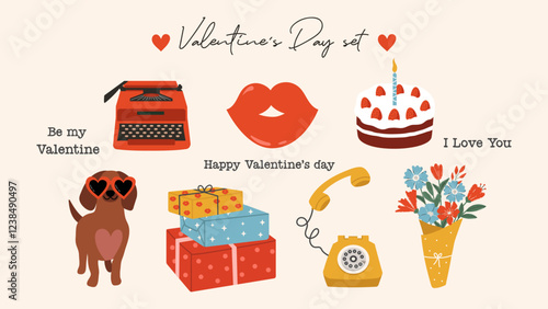 Valentine's Day elements set. Retro telephone, typewriter, bouquet, gifts, cute dachshund and cake with whipped cream on light background. Romantic collection, love concept. Happy Valentine`s day.