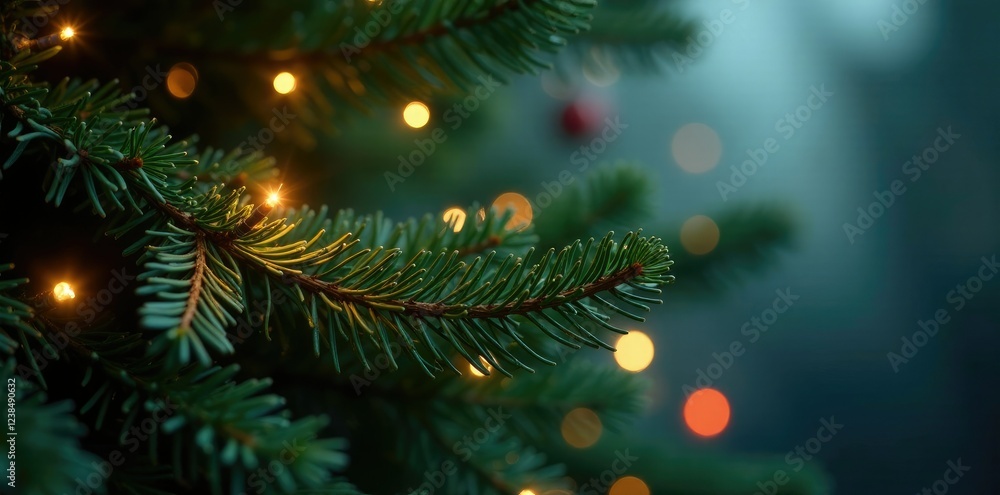 Elegant branches of a majestic fir tree are adorned with sparkling lights, fir branch, sparkling lights, decoration Elegant branches of a majestic fir tree are adorned with sparkling lights, fir branch, sparkling lights, decoration
