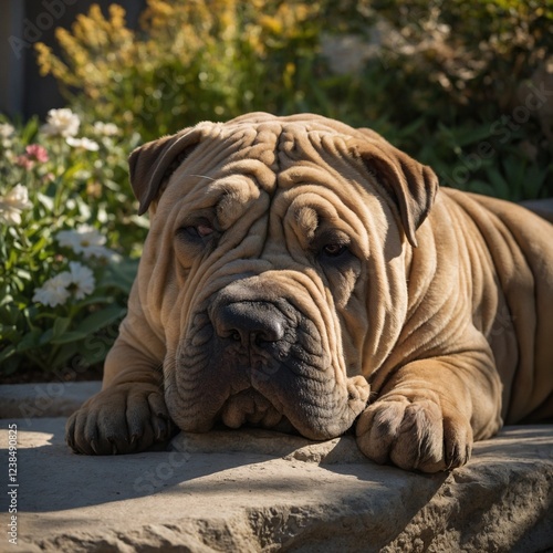 Shar Pei Relaxing on a Stone Terrace. 