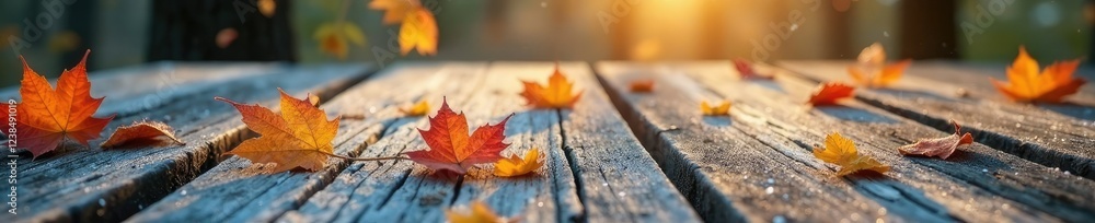 Frosty leaves fall softly on weathered wood table top, leaves, wood, forest Frosty leaves fall softly on weathered wood table top, leaves, wood, forest