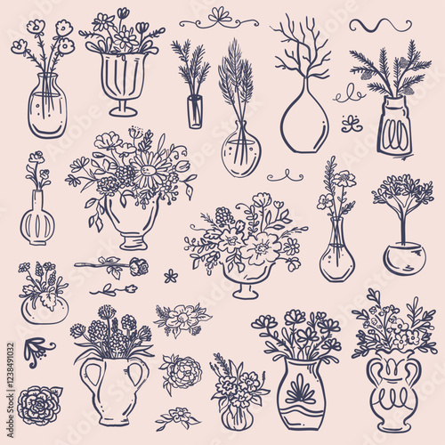 Whimsical Style hand drawn quirky vases bouquets with flowers - vector set
