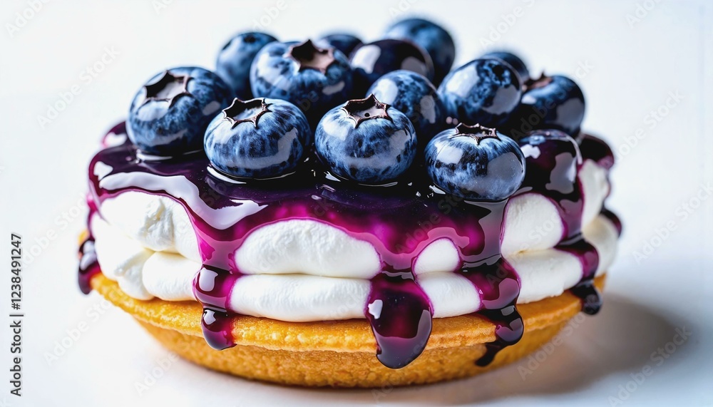 Fototapeta premium Striking blueberry dessert with layers of cream and fresh blueberries on a white backdrop