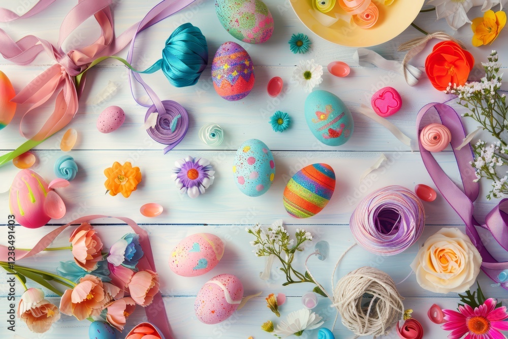 Top-down view of Easter decorations with painted eggs, flowers, and colorful ribbons Top-down view of Easter decorations with painted eggs, flowers, and colorful ribbons