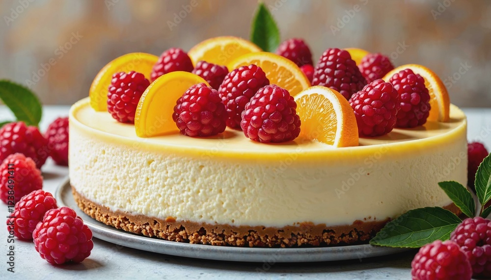Luscious layered cheesecake adorned with vibrant fruits on a warm-toned background Luscious layered cheesecake adorned with vibrant fruits on a warm-toned background