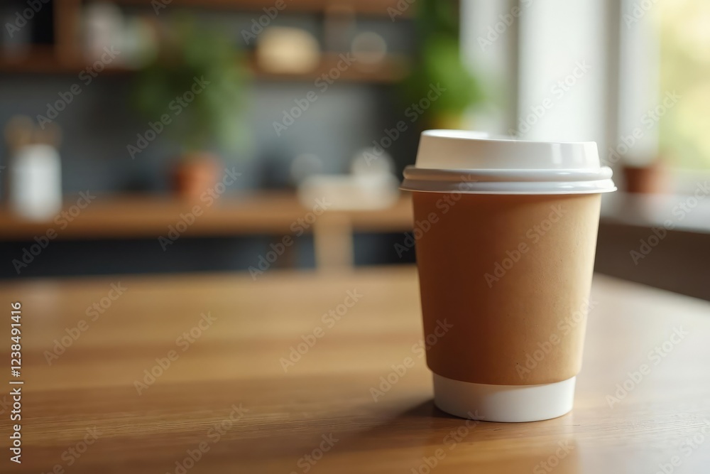Isolated paper cup with lid on a wooden table, empty and still, desk, flat lay, cup Isolated paper cup with lid on a wooden table, empty and still, desk, flat lay, cup