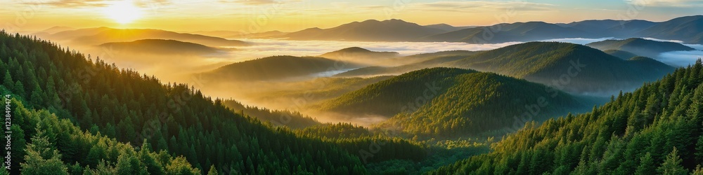Breathtaking panoramic view of lush green forest at sunrise with golden sunlight filtering through trees Breathtaking panoramic view of lush green forest at sunrise with golden sunlight filtering through trees