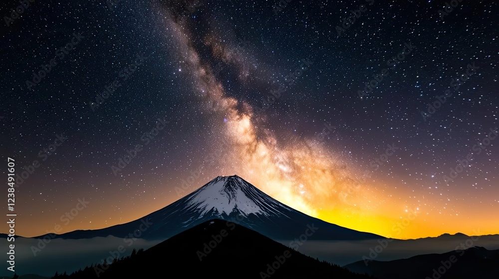 Starry skies nature concept. A breathtaking view of Mount Fuji under the starry night sky. Starry skies nature concept. A breathtaking view of Mount Fuji under the starry night sky.