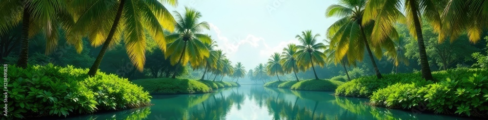 Palm trees sway gently in the breeze amidst a lush green oasis, serene atmosphere, nature, water reflection Palm trees sway gently in the breeze amidst a lush green oasis, serene atmosphere, nature, water reflection