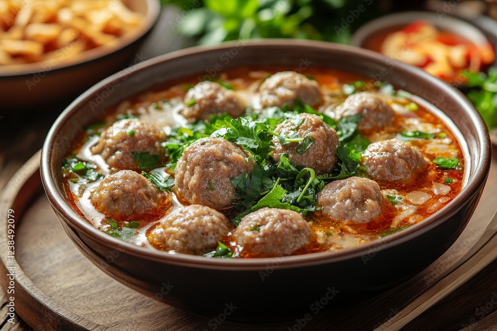 Spicy Meatball Soup, Wooden Table, Garnish, Lunch Spicy Meatball Soup, Wooden Table, Garnish, Lunch