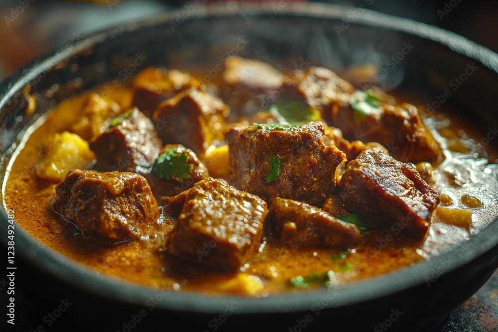 Steaming beef curry, close-up, restaurant setting, food photography Steaming beef curry, close-up, restaurant setting, food photography